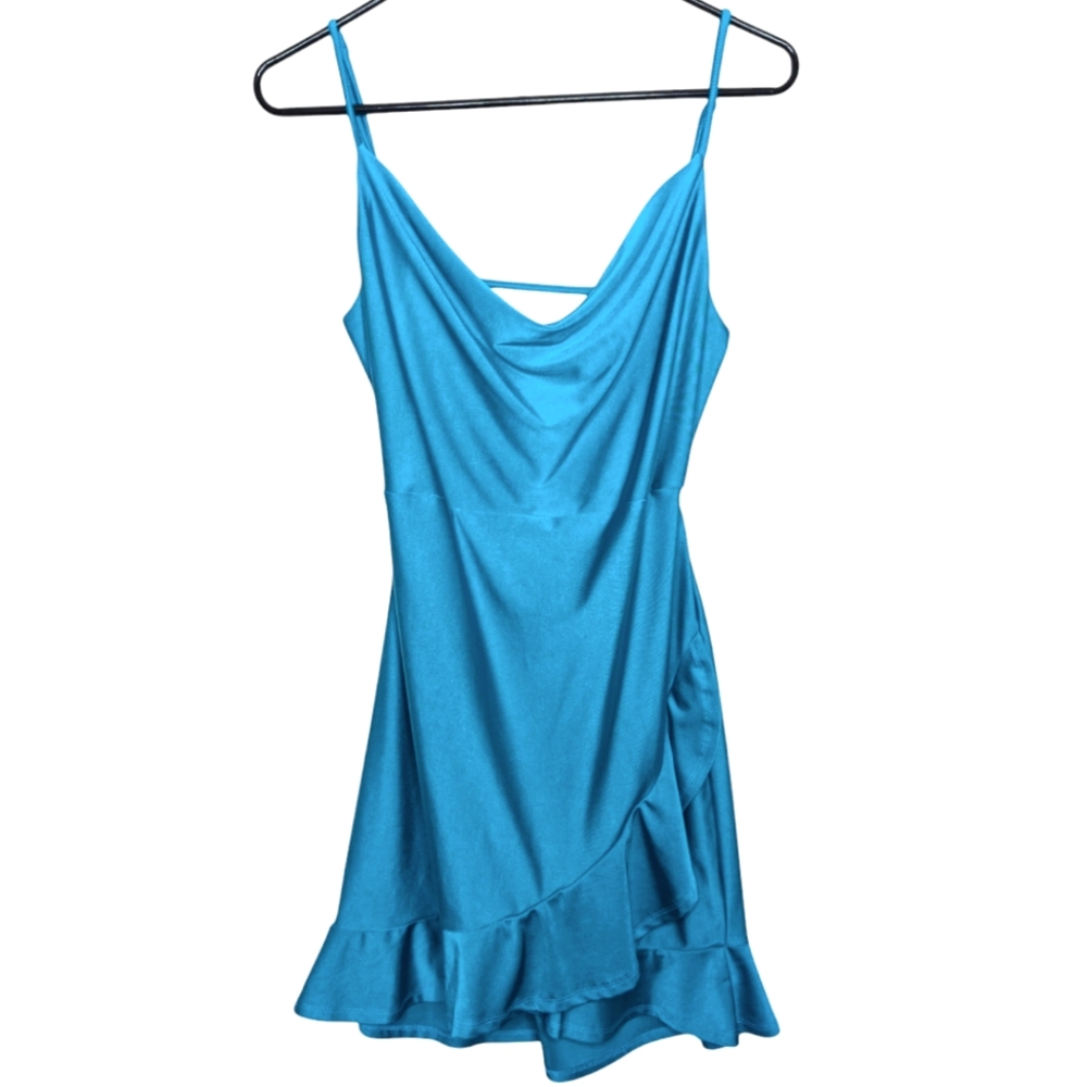 E.L.H. Studio Teal Blue Spaghetti Strap Backless Asymmetrical Mini Dress Large